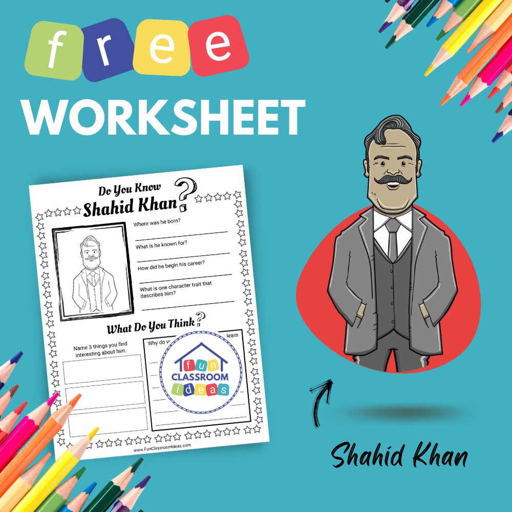 Shahid Khan bio worksheet for kids